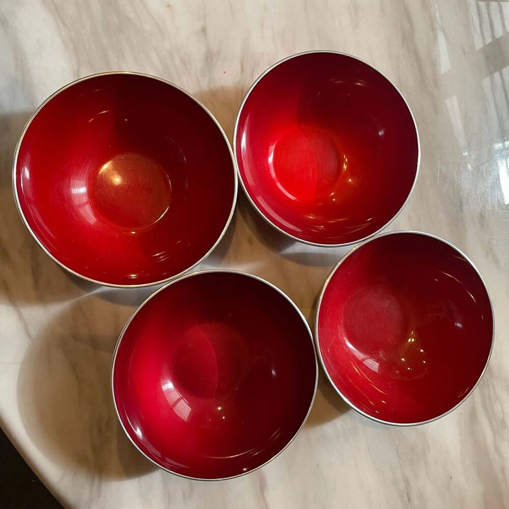 Set of 4 Vintage Emalox Norway Red Enamel Bowls